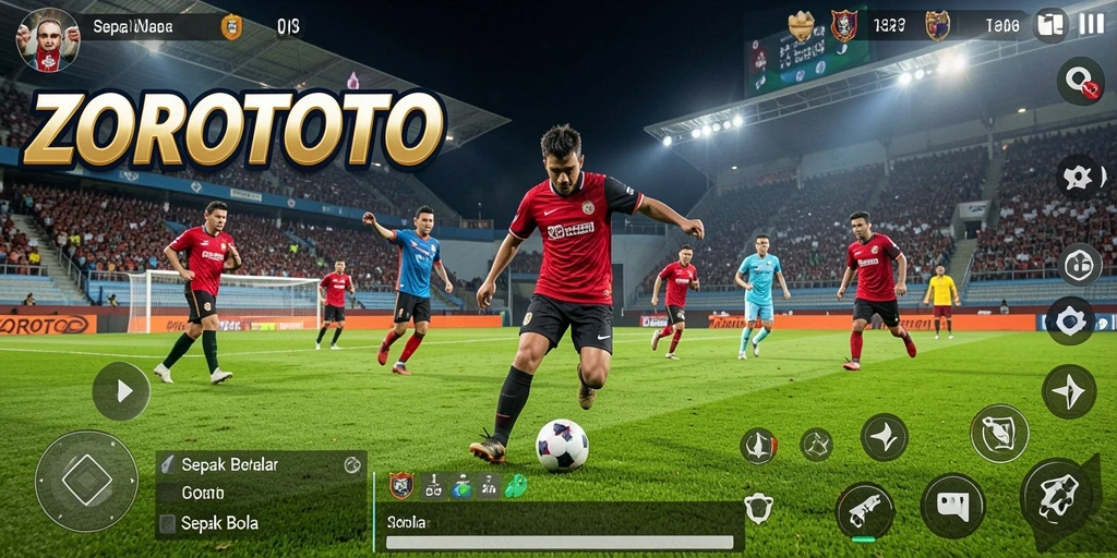 Screenshot ZOROTOTO menampilkan aksi seru dalam permainan sepak bola.